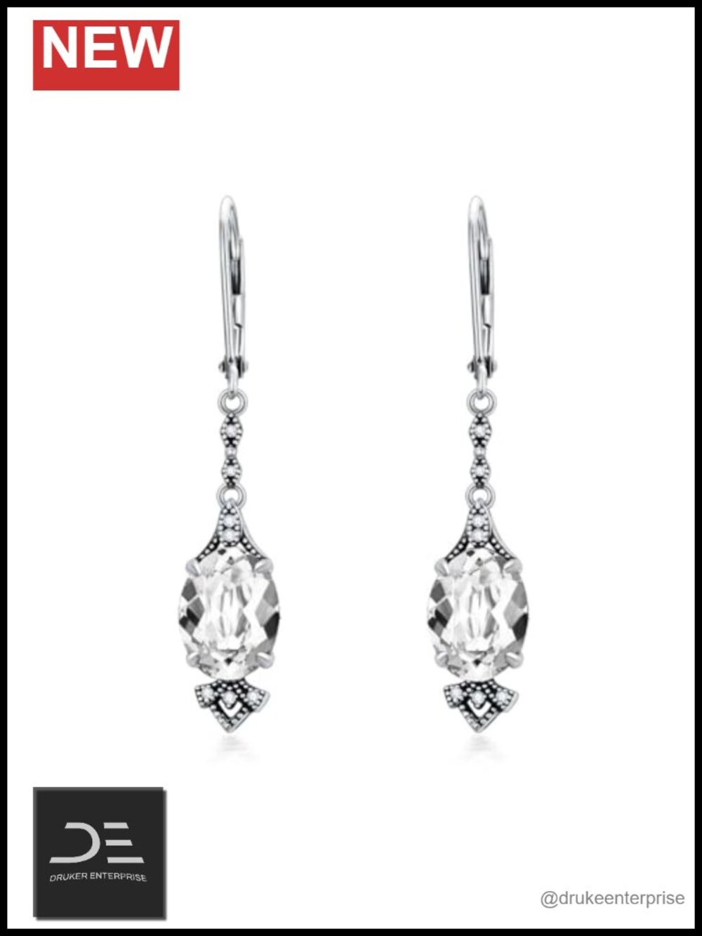 Sterling Silver Leverback Dangle Earrings with 9mm Oval Cubic Zirconia Drop